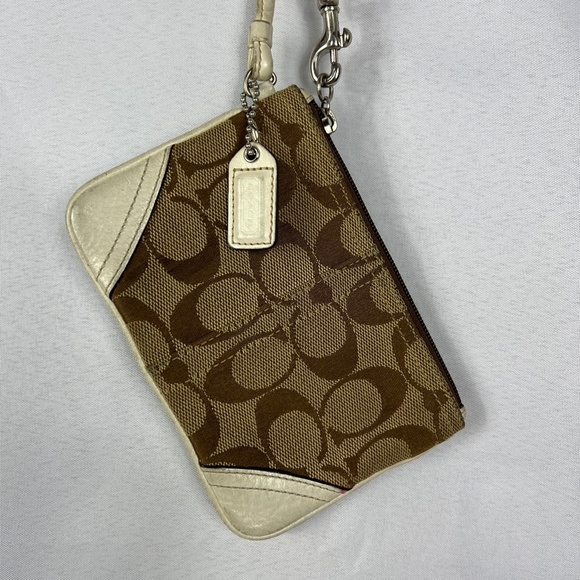 Coach Handbags - Coach Signature Brown Tan Cream Zipper Wristlet